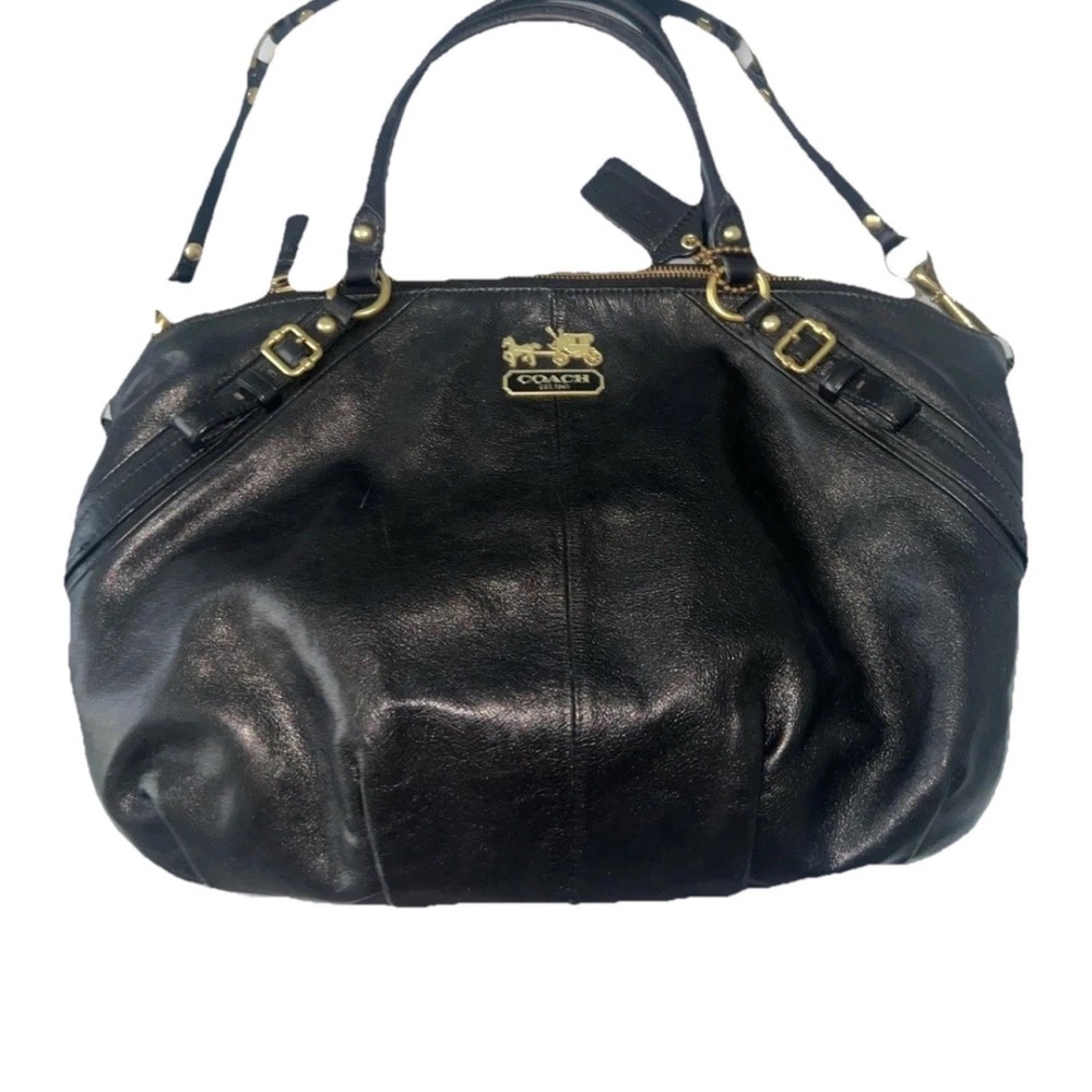 Madison Sophia Coach Black Leather Shoulder Bag with Gold Accents